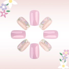 MIXFOSAHN Flower Press on Nails Short Square Fake Nails Nude False Nails with Embossed Flowers Designs Glossy Full Cover Dots Stick on Nails Glue on Nails Spring Acrylic Nails for Women Girls 24 Pcs