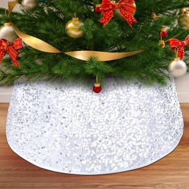 Christmas Tree Collar, Silver Sequin Xmas Tree Collar for Artificial Trees, 23.6 Inch Christmas Tree Skirt, Tree Stand Base Cover, Tree Base Box, Holiday Home Decor Tree Ring