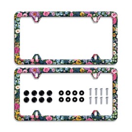 【2Pcs】 Watercolor Flowers Floral License Plate Frame Cute Daisy Blossoms License Plate Stainless Steel Car Accessory Personalize Colorful License Plate Screws Decorative 12.3" X 6.3"