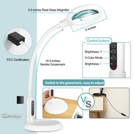 TOMSOO 10X Magnifying Glass with Light and Clamp, 5 Color Modes Stepless Dimmable Lighted Magnifier with Stand, Flexible Gooseneck LED Desk Lamp Hands Free for Craft Painting Hobby Close Work