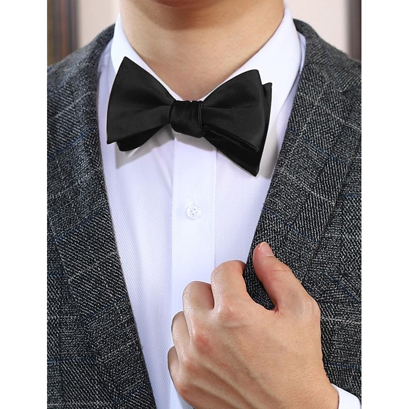 PenSee Mens Black Solid Self Bow Tie Jacquard Woven Silk