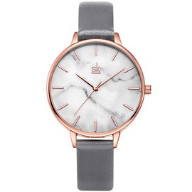 Alienwork SK Minimalist Women's Ultra Flat Elegant Watch, Rose gold/white rose gold/leather strap grey, Minimalist