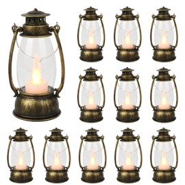 Reperla 12Pcs Mini Lantern Decorative with Flickering LED Candle, Bulk 6Inch Hanging Candle Lantern, Table Centerpiece, Vintage Lantern Decorations for Western Party Decor,Battery Included (Brass)