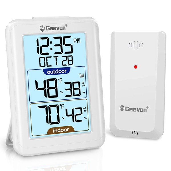 GEEVON Digital Hygrometer Indoor Outdoor Thermometer Wireless with Clock, Backlight