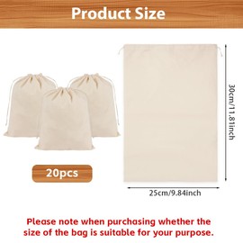 OFFCUP 20pcs Cotton Drawstring Bags, 25x30 Cm (9.84×11.81 Inch) Reusable Cotton Muslin Bag, Canvas Drawstring Bags, Cloth Gift Bag Jewellery Favour for Candy Wedding Valentine's Christmas DIY Craft