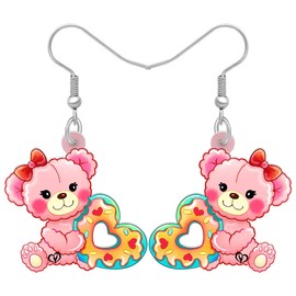 SHIGIE Valentine's Day Acrylic Sweet Doll Bear Earrings Dangle Heart Doughnut Cartoon Animals Festival Gifts For Women Couple (Pink)