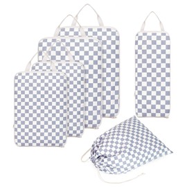 Narwey Compression Pack Cubes for Suitcase and Backpack, 6 Pieces Travel Compression Pack Bag Storage Cube Organiser Set for Carry On Luggage, Z-grey-blue checkerboard pattern