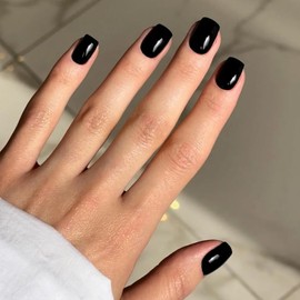 24pcs Short Square False Nails - Classic Black Stick on Nails - Press on Nails Removable Glue-on Fake Nail Women Girls Nail Art Accessories