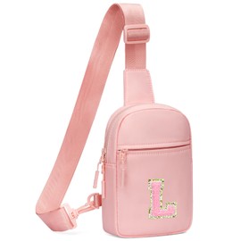 KKXIU Gifts for 6 7 8 9 10 11 12 Year Old Girls Initial Sling Bag Trendy Crossbody Fanny Pack for Teens, Pink, 5.7in x 8.1in x 1.7in, L