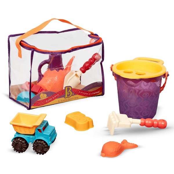 B. toys – B. Ready Beach Bag –Water Play- Beach Tote with Mesh Panel and 11 Funky Sand Toys – 18 m+, Purple Bucket