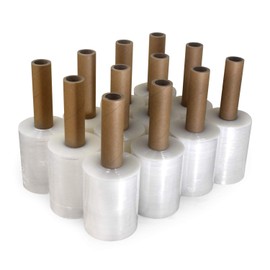 IDL Packaging - F-51-12 5”x 1000’ Stretch Wrap Mini Roll of 80 Gauge with Extended Cardboard Handle (Pack of 12 Rolls) – Extra Sticky Clear Shrink Wrap Film – Great for Moving and Office Needs