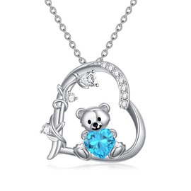 PELOVNY Teddy Bear Necklace for Women 925 Sterling Silver March Birthstone Bear Necklace Birthday Valentines Day Teddy Bear Jewelry Gifts for Mom Daughter Wife