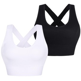 Leversic Gym Bras Womens Sports Bras Cross Back Padded Sports Bra Mid Impact Gym Crop Top for Fitness(Black+White,L)