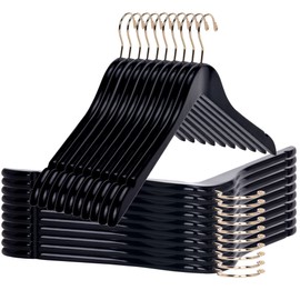 Quality Black Semi Curved Wooden Suit Hangers, 20-Pack Smooth Finish Solid Wood Coat Hanger with Swivel Hook, Jacket, Pant, Dress Clothes Hangers (Black - Gold Hook, 20)