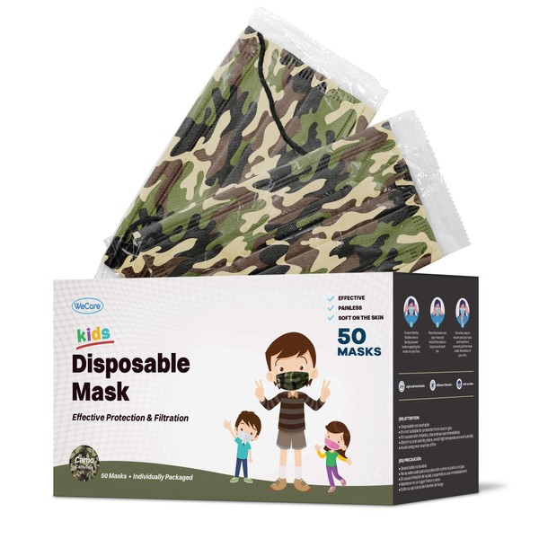 WECARE Kids Disposable Face Masks, 50 Green Camo Masks, Individually Wrapped