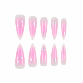 MERVF Long Almond Press on Nails Pink Aura Gradient Fake Nail Sliver Star Glue ons Y2K Stiletto Acrylic Manicure Glossy 24pcs