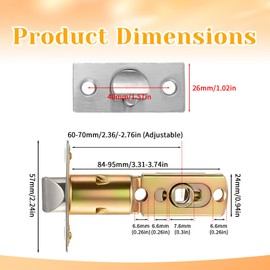 Adjustable Door Latch, 60/70mm Adjustable Passage Door Latch, Doors Knob Latches, Tubular Mortice Latches, Doors Knob Parts for Lever Handles, Internal Handles
