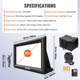 VEVOR Inflatable Movie Screen 24FT Inflatable Projector Screen for outside with 360W Air Blower Inflatable Screen Oxford Fabric Material Blow Up Screen for Outdoor Movie Supports Front/Rear Projection - Color: 240 inch