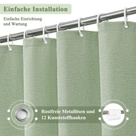 EurCross Linen Textured Green Shower Curtain 180 x 200 cm for Bathroom, Textile Heavy Duty Waterproof Shower Curtains, Hotel Luxury Polyester Anti-Mould, Washable Bath Curtain with 12 Rings