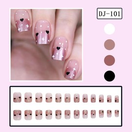 24Pcs Heart Press on Nails Short Square French Tip Fake Nails Valentines False Nails with Black Heart Love White Point Design Nude Glue on Nails Full Cover Artificial Acrylic Nails for Women Girls