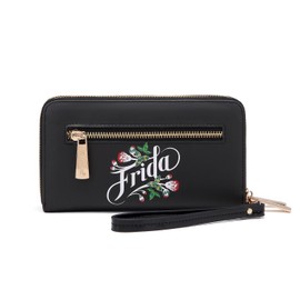 Frida Kahlo Cartoon Zip Around Wallet with Wristlet (Black/Black)