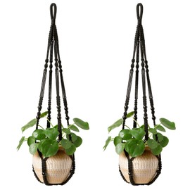 Mkono Mkono Macrame Plant Hanger Indoor Hanging Planter Basket with Wood Beads Decorative Flower Pot Holder No Tassels for Indoor Outdoor Boho Home Decor 35 Inch, Black, Set of 2 (POTS NOT Included)