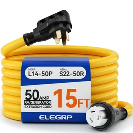 ELEGRP 50 Amp Generator RV Extension Cord 15 FT, 4 Prong NEMA 14-50P to NEMA SS2-50R Twist Lock, Heavy Duty 6/3+8/1 Gauge STW Locking Power Cord for RV Camper/Generator/House, UL Standard Compliant