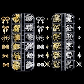cobee 2 Boxes Mixing Nail Charms, Metal Gold Silver Nail Gemstones Decorative Star Bows 3D Nail Decorations for Nail Design Accessories