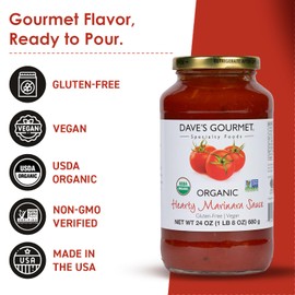 Dave's Gourmet Organic Hearty Marinara Pasta Sauce - Thick & Savory Tomato Garlic Blend - Marinara Sauce - Ideal for Pasta, Pizza, Sausage & More - Vegan & Gluten Free - 24oz Jar (Pack of 1)