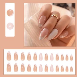 HaoTrade 24pcs Medium Almond False Nails, French Tip Stick on Nails Gold Swirl, Removable Glue-on Press on Nails, French White Tip Pink Fake Nails, Acrylic Full Cover Nails Women Girls Nail Art