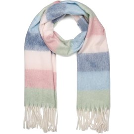 styleBREAKER 01017160 Women's Woven Knitted Scarf with Wide Colourful Stripes and Thick Fringes - Warm Winter Scarf, Multi-Coloured, Lime Green Blue Cream Rose