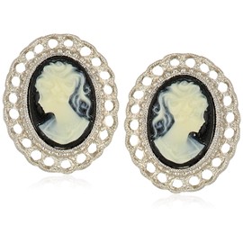 1928 Jewelry Oval Filigree Black And White Cameo Clip Button Earrings, Non Piercing Ear Rings, Pierceless Snap On Made In USA