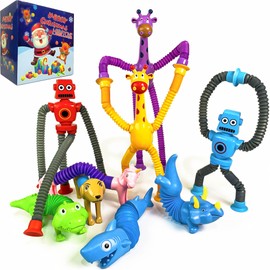 HRWTOYS 9 Pieces Pop Tubes Robot Mixed Animal Gift Box, Shape Changing Telescopic Fidget Toys, Sensory Tubes for Toddlers, Girls and Boys (Regular)