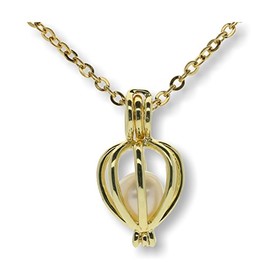 Pearlina Cultured Wish Pearl in Oyster Necklace Set Gold Plated Cage Locket w/ Stainless Steel Chain 18"