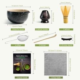 Matcha Kit Japanese Ceremony, Bamboo Spoon, Bamboo Scoop, Whip Holder, Matcha Set for Tea Ceremony, Drink, 7 Pieces