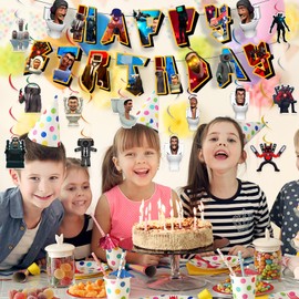 Skibidi Birthday Decorations Banner- 14Pcs ‌Skibidi Party Decorations Toilet Birthday Banner Bunting Garland and Hanging Swirls Decorations Party Pack for Kids Theme Birthday Party Supplies Decoration