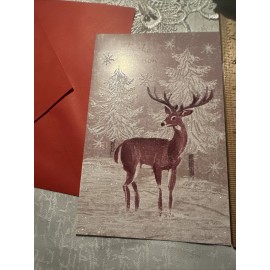 Vtg Unused Christmas Card Heavy Glitter Deer Buck Reindeer Snowy Pine Tree W/Env