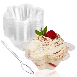 Hiasobre 50ct 8oz Clear Plastic Dessert Cups with Spoons, Disposable Flower Shaped Ice Cream Bowls, Party Sundae Serving Bowls for Ice Cream, Nuts and Salad, Trifle Tasters Containers