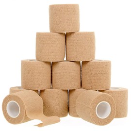 12 Pack Self-Adhesive Bandage Wrap - 2 Inches x 5 Yards - Elastic Self Adherent Cohesive Wrap Bandage - Breathable Athletic Tape for Wrists, Knee, and Ankle - First Aid Sports Wrap - Brown