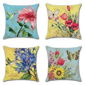 JOTOM Set of 4 Waterproof Cushion Covers 45x45 cm Outdoor Flower Pillow Covers Spring Summer Farmhouse Decorative Throw Pillow Cases for Patio Garden Bench Sofa Indoor Bed (Flowers Birds Butterfly)