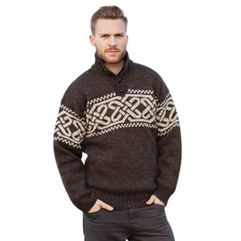 Aran Woollen Mills Irish Celtic Sweater for Men's Wool Fisherman Troyer Pullover Made in Ireland (Brown, Medium)
