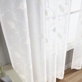 Sheer Curtains White 63 Inch Embroidered Floral, Rod Pocket Voile Drapes for Living room, Bedroom, Window Treatments Semi Crinkle Curtain Panels for Yard, Patio, Villa, Parlor, Set of 2, 52"x 63".