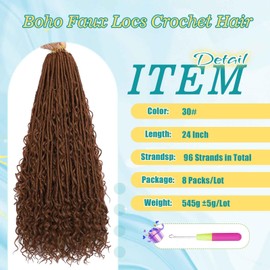 24 inch Boho Soft Locs Crochet Hair 8 Packs Boho Faux Locs Crochet Hair Pre-looped Goddess Locs Hair with Curly Ends Bohemian River Locs for Black Women (30#）