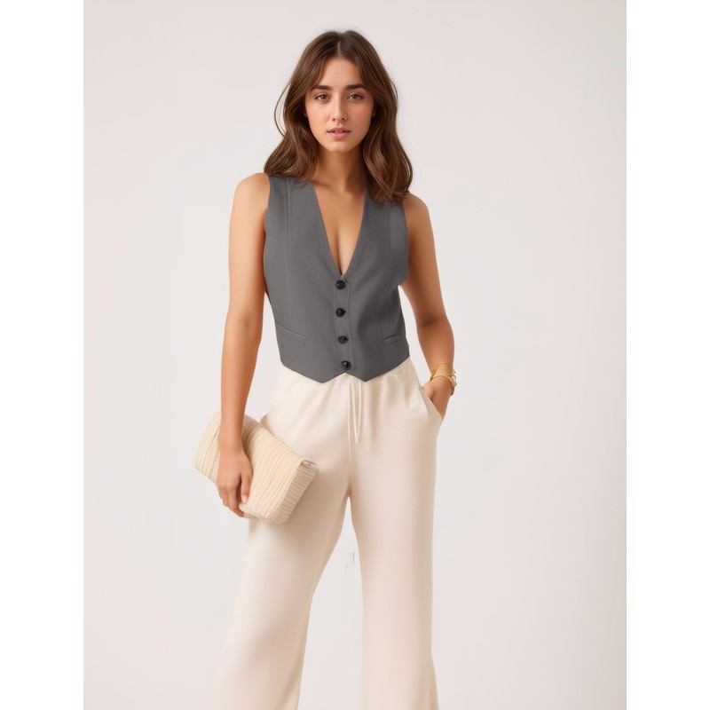 Happy Cherry Women's Plain Suit Vest Button Under V-Neck Vest