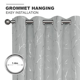 BUHUA Floral Branch Print Blackout Curtains for Living Room Darkening Curtains Print Pattern Light Blocking Curtains for Bedroom 52W×63L Silver Grey 2 Panels