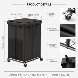 YKDIRECT 150L Large Laundry Hampers with Lid, Oxford Fabric Laundry Hampers, Metal Frame and Removable Bag Design with Wheels, Suitable for Bedroom, Bathroom, Dorm Room, Laundry Room (Black Lid Rope)