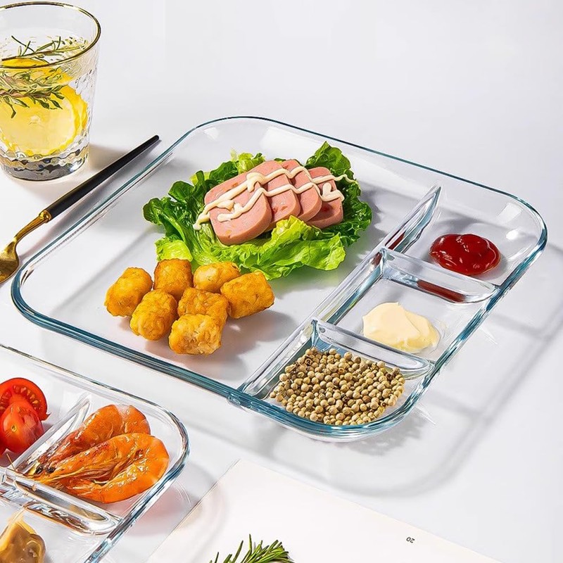 TAMUME 10" Glass Serving Plate with Compartments for Dressing, Pack