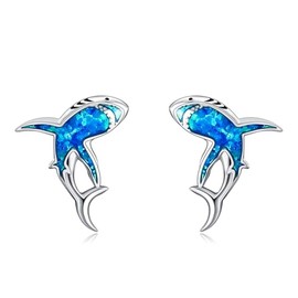 AXOMY Shark Earrings 925 Sterling Silver Blue Opal Shark Stud Earrings Animal Ocean Jewelry Gifts for Women Girls Mom Shark Lovers, No Gemstone