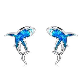 AXOMY Shark Earrings 925 Sterling Silver Blue Opal Shark Stud Earrings Animal Ocean Jewelry Gifts for Women Girls Mom Shark Lovers, No Gemstone
