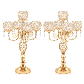 Kehail 5-Arm Crystal Candelabra Centerpiece 23.2" Tall - Elegant Candle Holder Stand with Crystal Bowl, Chic Table Decor for Weddings, Parties, Anniversary & Home Decoration (2, Gold)